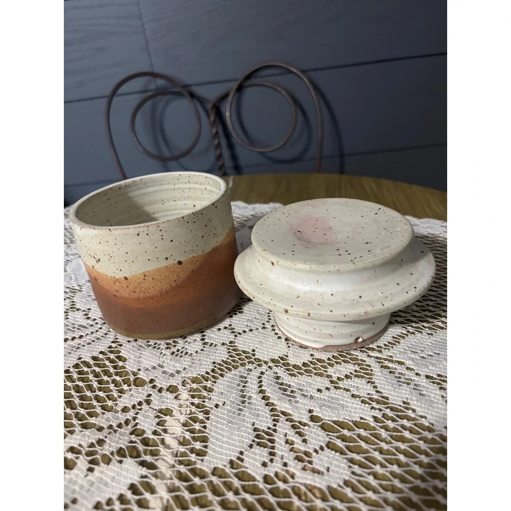 Windfall Studio Pottery Butter Bell Crock Speckled Cream Brown Stoneware Signed